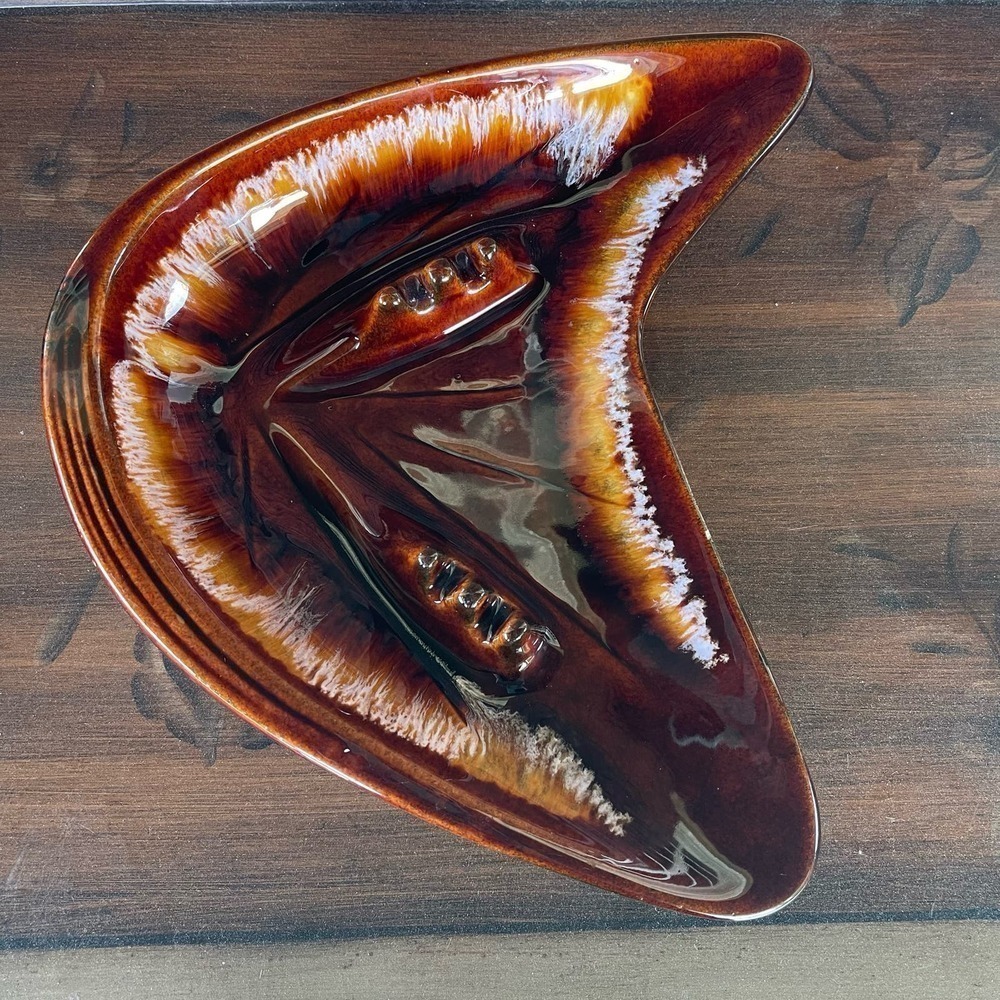 VINTAGE MCM Butterfly Ashtray Drip Glaze Brown and Gold Boomerang Shape